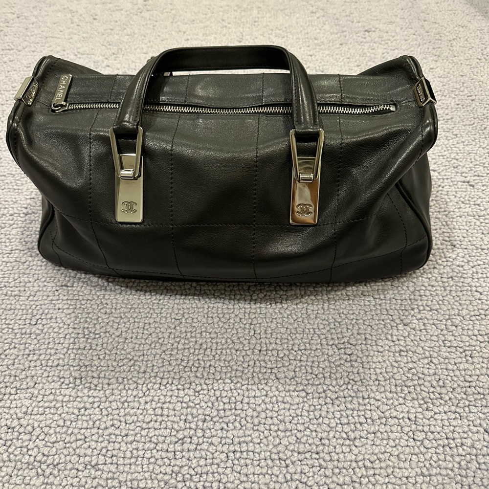 CHANEL Black Quilted Leather Satchel with Silver Hardware